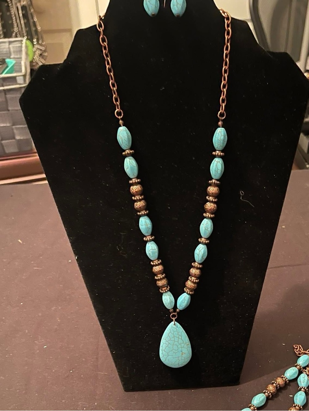 paparazzi Turquoise Teardrop Necklace Set with Brass Accents